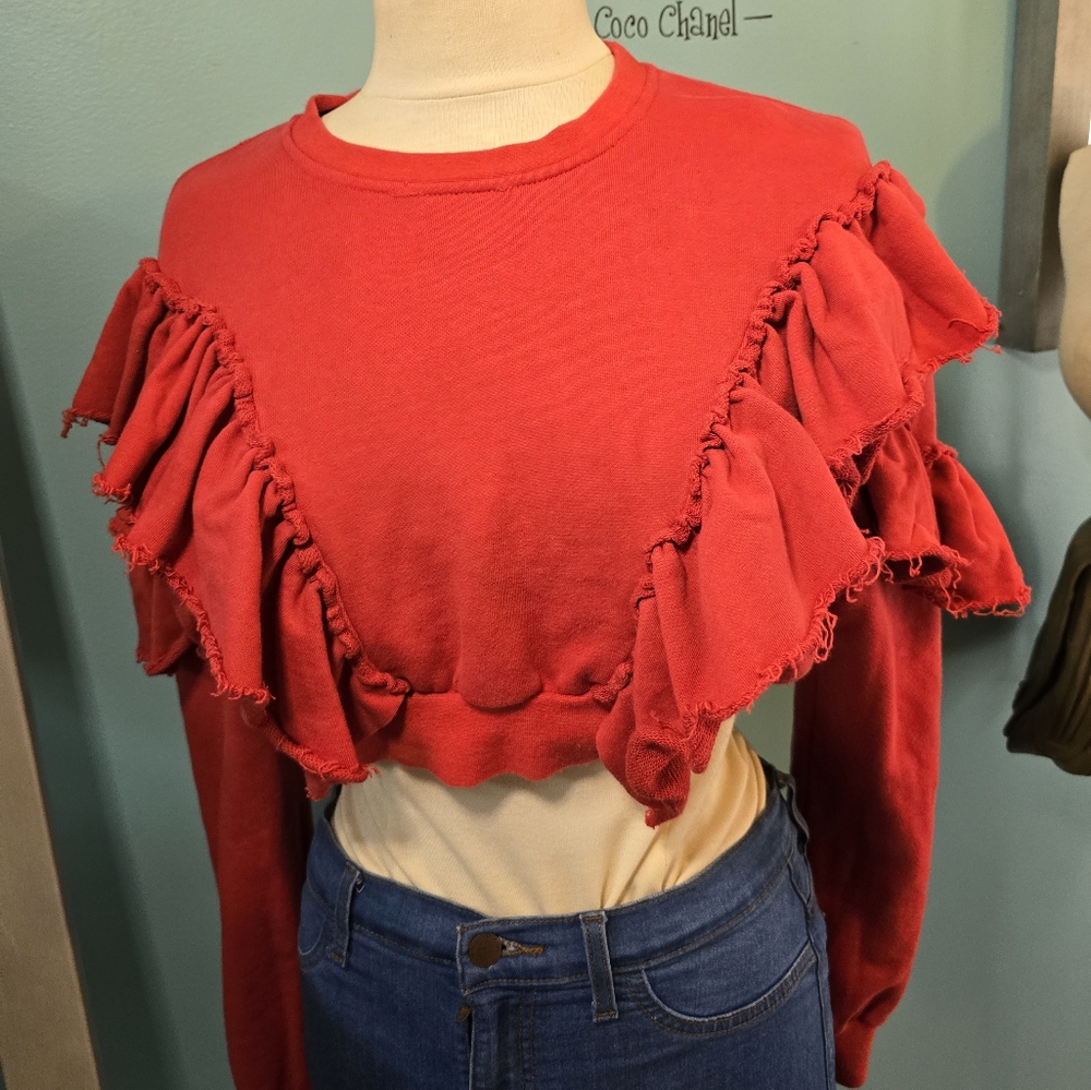 San Joy Red Ruffle Cropped Sweatshirt